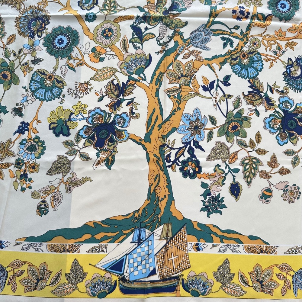 Corciova Silk Scarf Womens Large White Blue Yellow Tree of‎ Life Nautical Floral